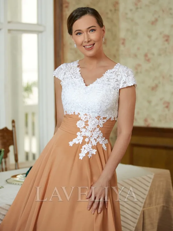 A-line V-neck Appliques Lace Tea-Length Chiffon Mother of the Bride Dress  #XM230233