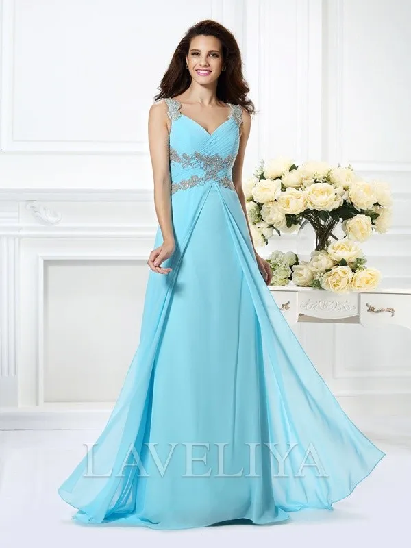 A-line V-neck Beading Floor-Length Chiffon Dress  #YP230179