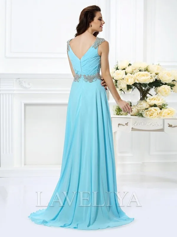 A-line V-neck Beading Floor-Length Chiffon Dress  #YP230179