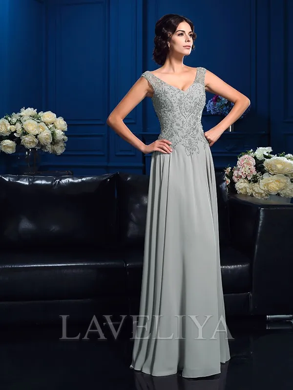 A-line V-neck Beading Floor-Length Chiffon Mother of the Bride Dress  #XM230035