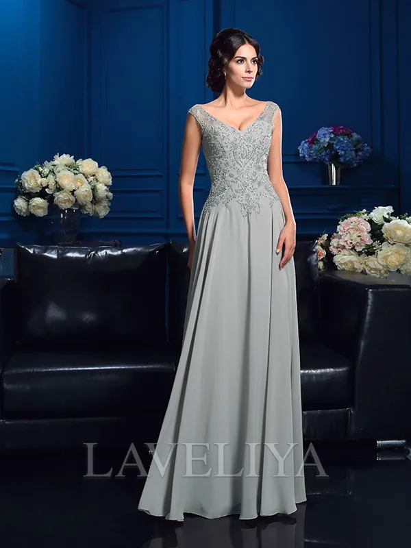 A-line V-neck Beading Floor-Length Chiffon Mother of the Bride Dress  #XM230035