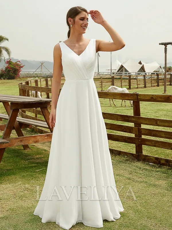 A-line V-neck Lace Floor-Length Chiffon Wedding Dress  #HW230142