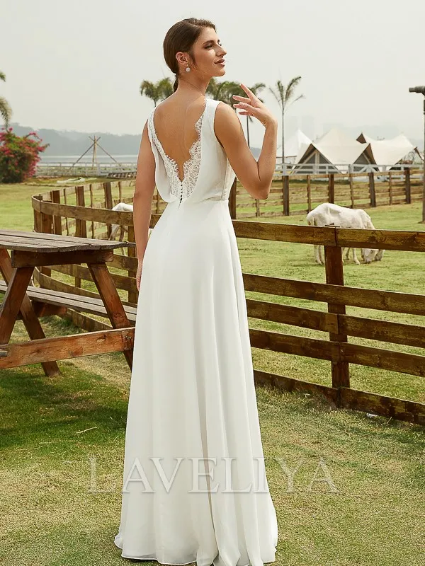 A-line V-neck Lace Floor-Length Chiffon Wedding Dress  #HW230142