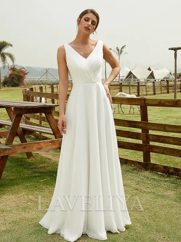 A-line V-neck Lace Floor-Length Chiffon Wedding Dress  #HW230142