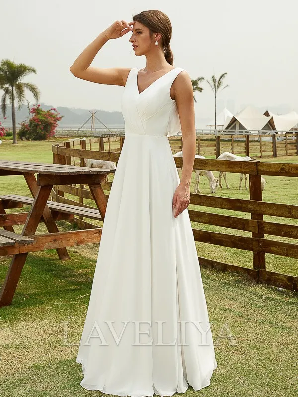 A-line V-neck Lace Floor-Length Chiffon Wedding Dress  #HW230142