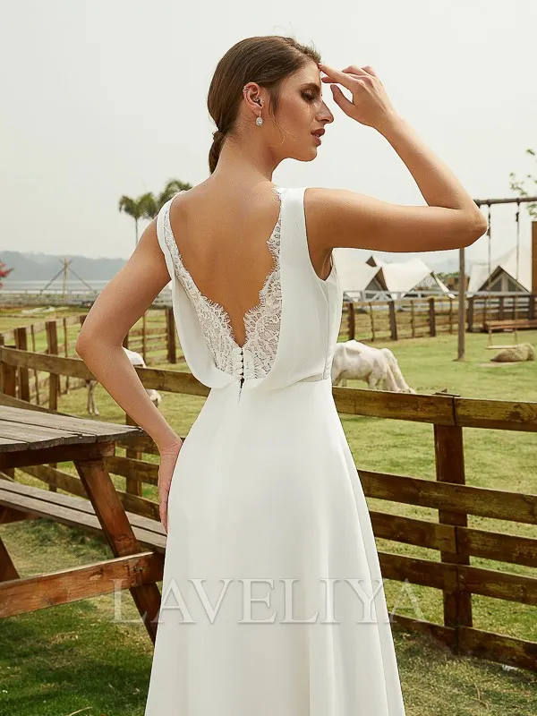 A-line V-neck Lace Floor-Length Chiffon Wedding Dress  #HW230142