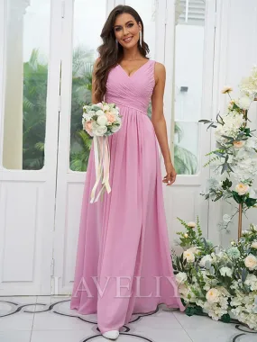 A-line V-neck Pleated Floor-Length Chiffon Bridesmaid Dress  #ZB230311