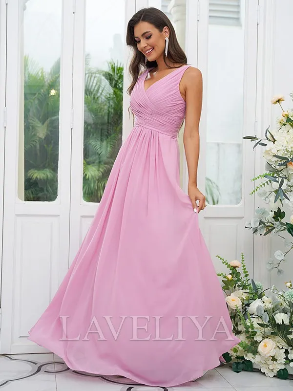 A-line V-neck Pleated Floor-Length Chiffon Bridesmaid Dress  #ZB230311