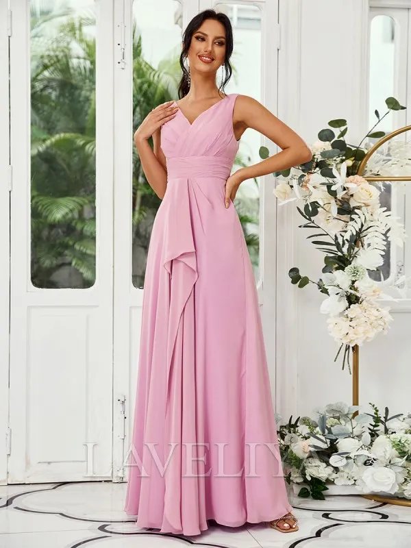 A-line V-neck Pleated Floor-Length Chiffon Bridesmaid Dress  #ZB230496