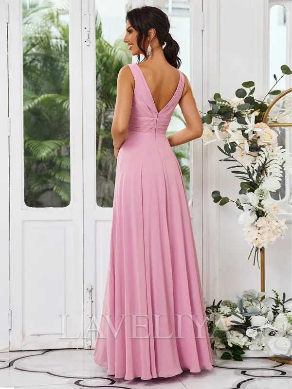 A-line V-neck Pleated Floor-Length Chiffon Bridesmaid Dress  #ZB230496