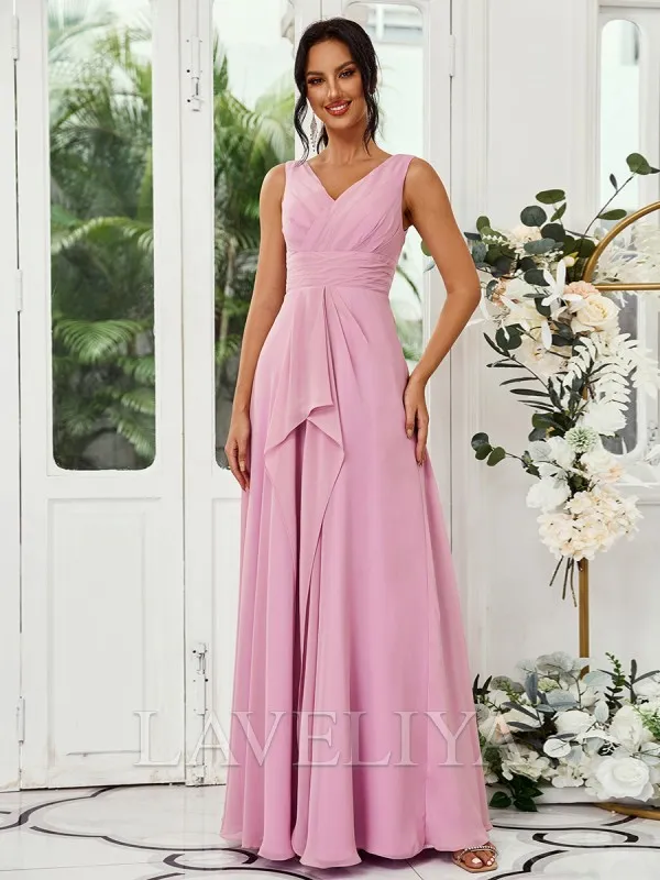 A-line V-neck Pleated Floor-Length Chiffon Bridesmaid Dress  #ZB230496