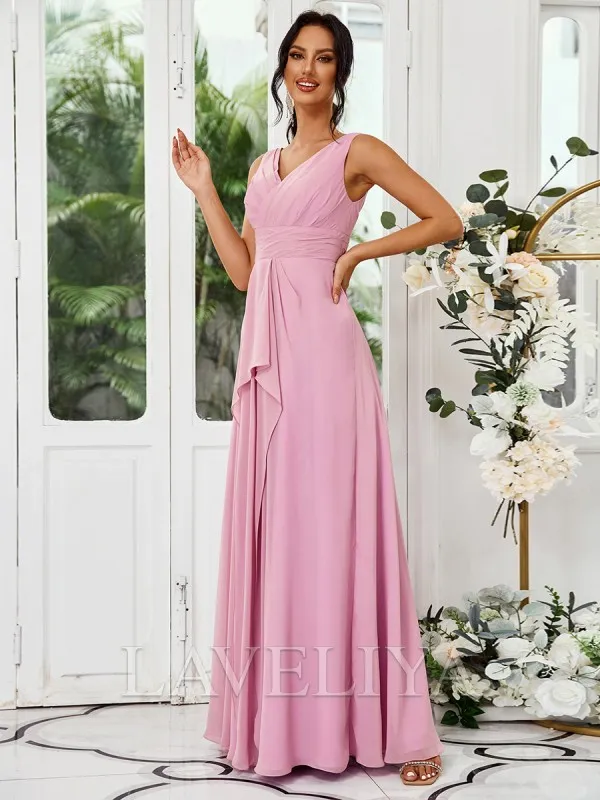 A-line V-neck Pleated Floor-Length Chiffon Bridesmaid Dress  #ZB230496