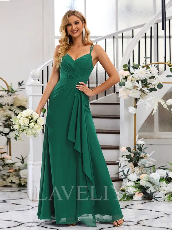 A-line V-neck Pleated Floor-Length Chiffon Dress  #ZB230537