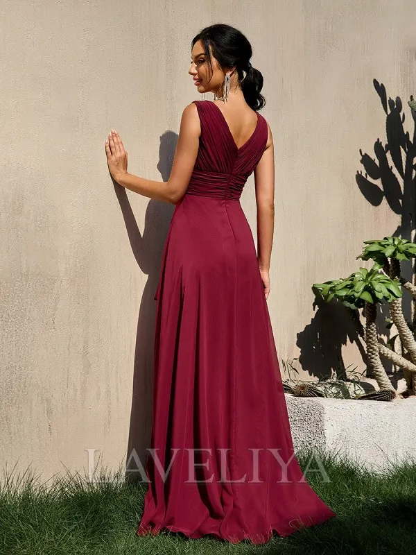 A-line V-neck Ruffles Floor-Length Chiffon Bridesmaid Dress  #ZB230436