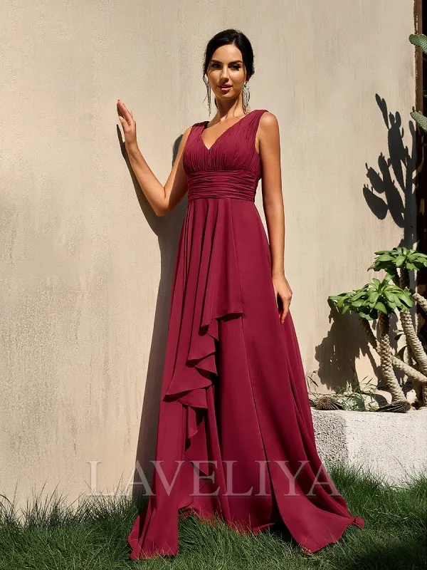 A-line V-neck Ruffles Floor-Length Chiffon Bridesmaid Dress  #ZB230436