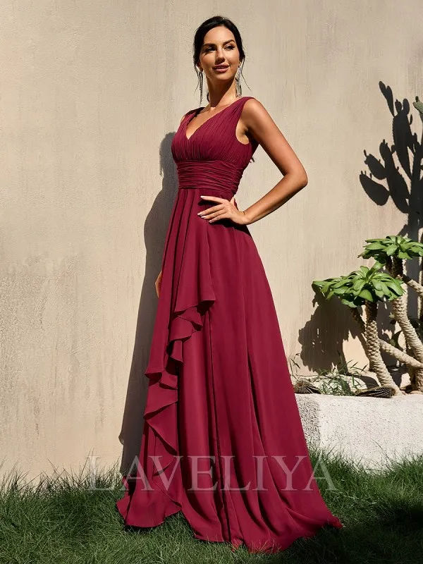 A-line V-neck Ruffles Floor-Length Chiffon Bridesmaid Dress  #ZB230436