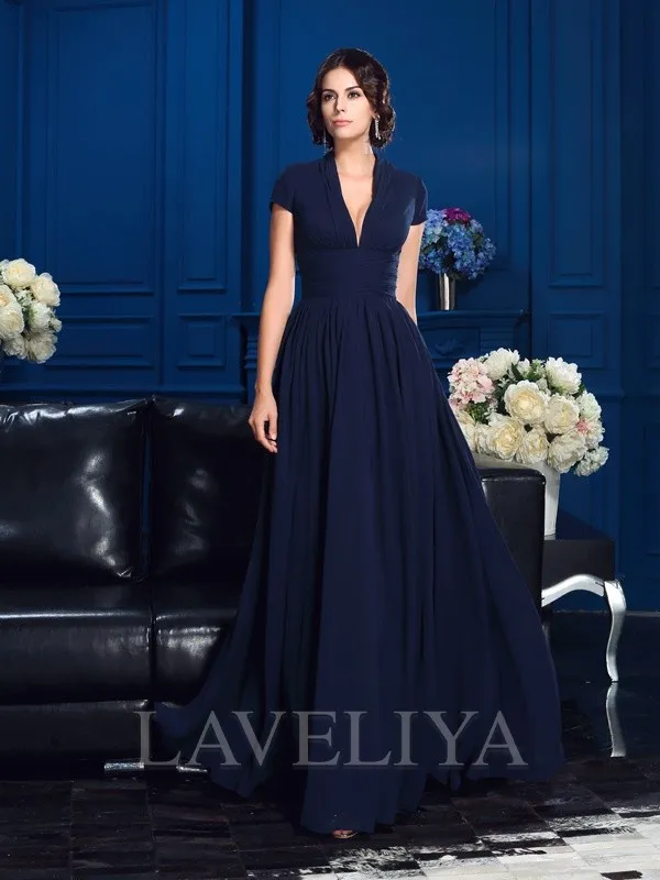 A-line V-neck Short Sleeves Applique Floor-Length Chiffon Mother of the Bride Dress  #XM230039