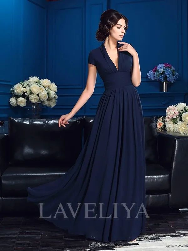 A-line V-neck Short Sleeves Applique Floor-Length Chiffon Mother of the Bride Dress  #XM230039