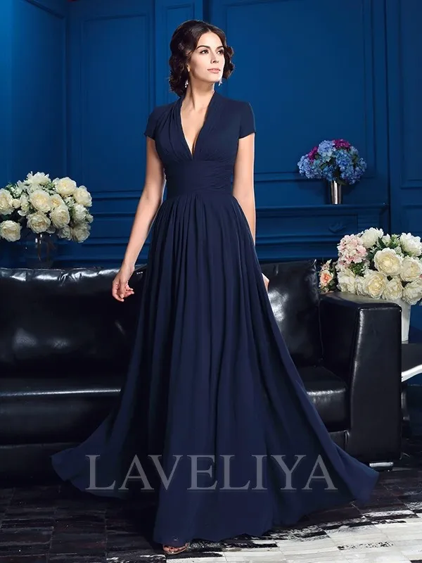 A-line V-neck Short Sleeves Applique Floor-Length Chiffon Mother of the Bride Dress  #XM230039