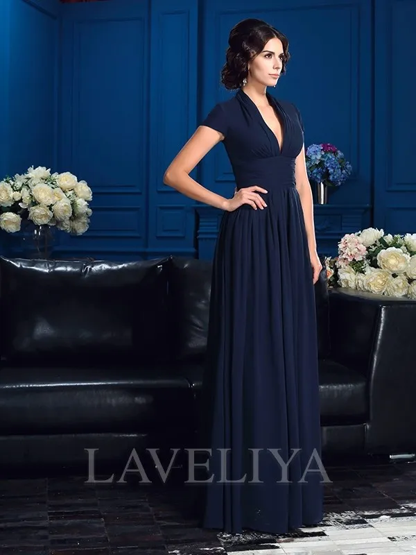 A-line V-neck Short Sleeves Applique Floor-Length Chiffon Mother of the Bride Dress  #XM230039