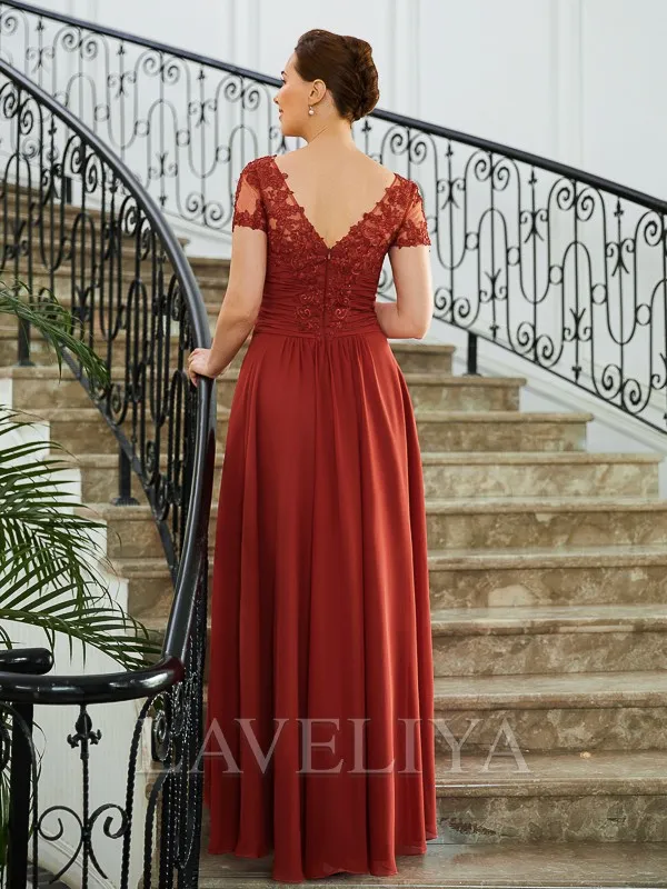 A-line V-neck Short Sleeves Pleated Asymmetrical Chiffon Mother of the Bride Dress  #XM230267