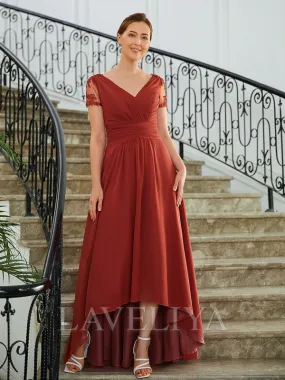 A-line V-neck Short Sleeves Pleated Asymmetrical Chiffon Mother of the Bride Dress  #XM230267