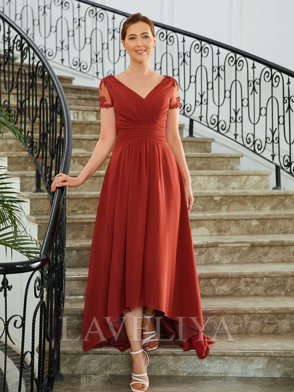 A-line V-neck Short Sleeves Pleated Asymmetrical Chiffon Mother of the Bride Dress  #XM230267