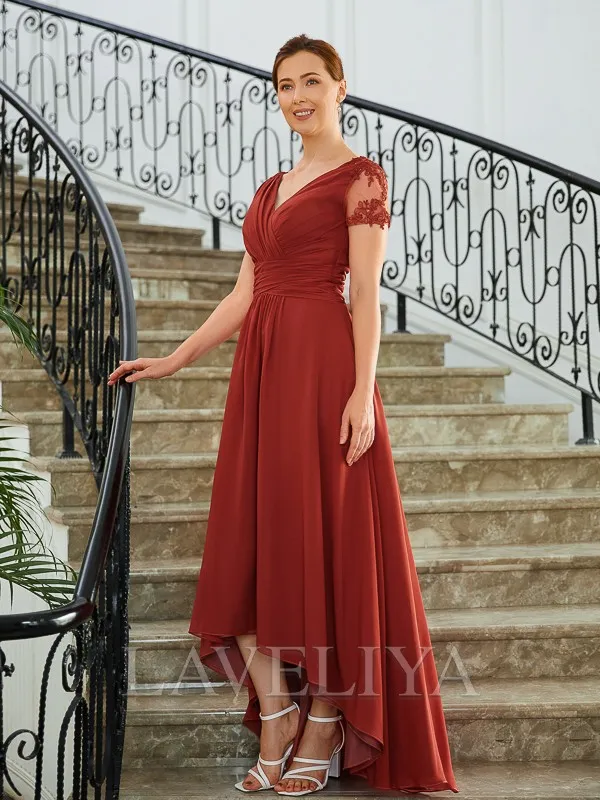 A-line V-neck Short Sleeves Pleated Asymmetrical Chiffon Mother of the Bride Dress  #XM230267