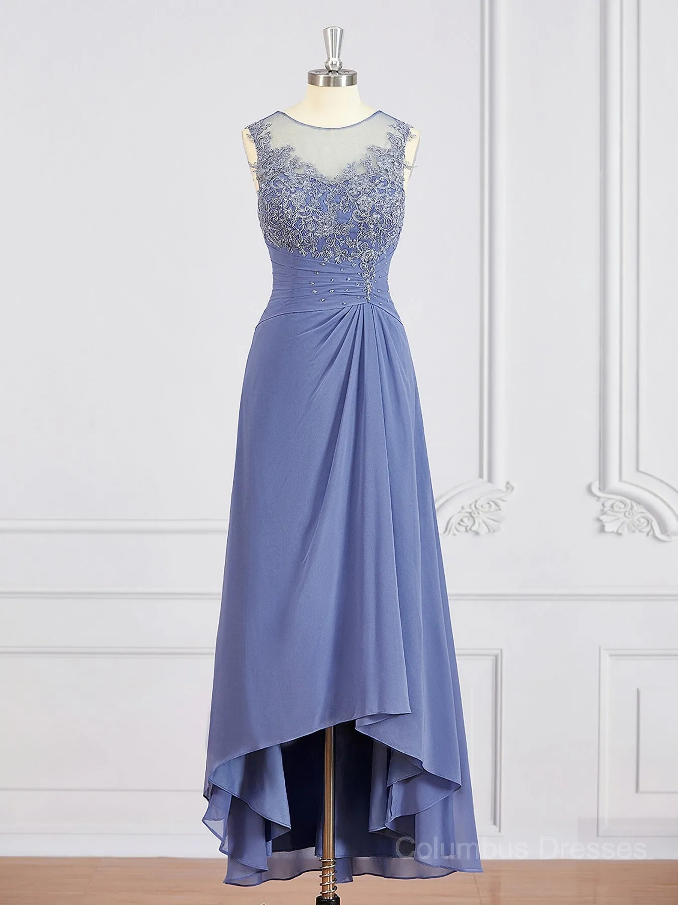 A-Line/Princess Scoop Asymmetrical Chiffon Mother of the Bride Dresses With Appliques Lace