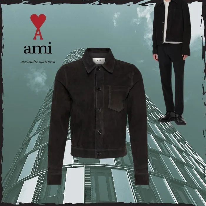 AMI PARIS  |Suede Long Sleeves Plain Logo Designers Shirts