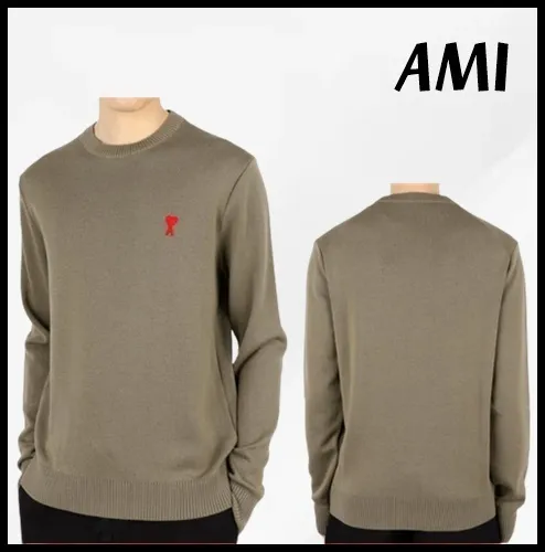 AMI PARIS  |Wool Long Sleeves Plain Logo Designers Sweaters