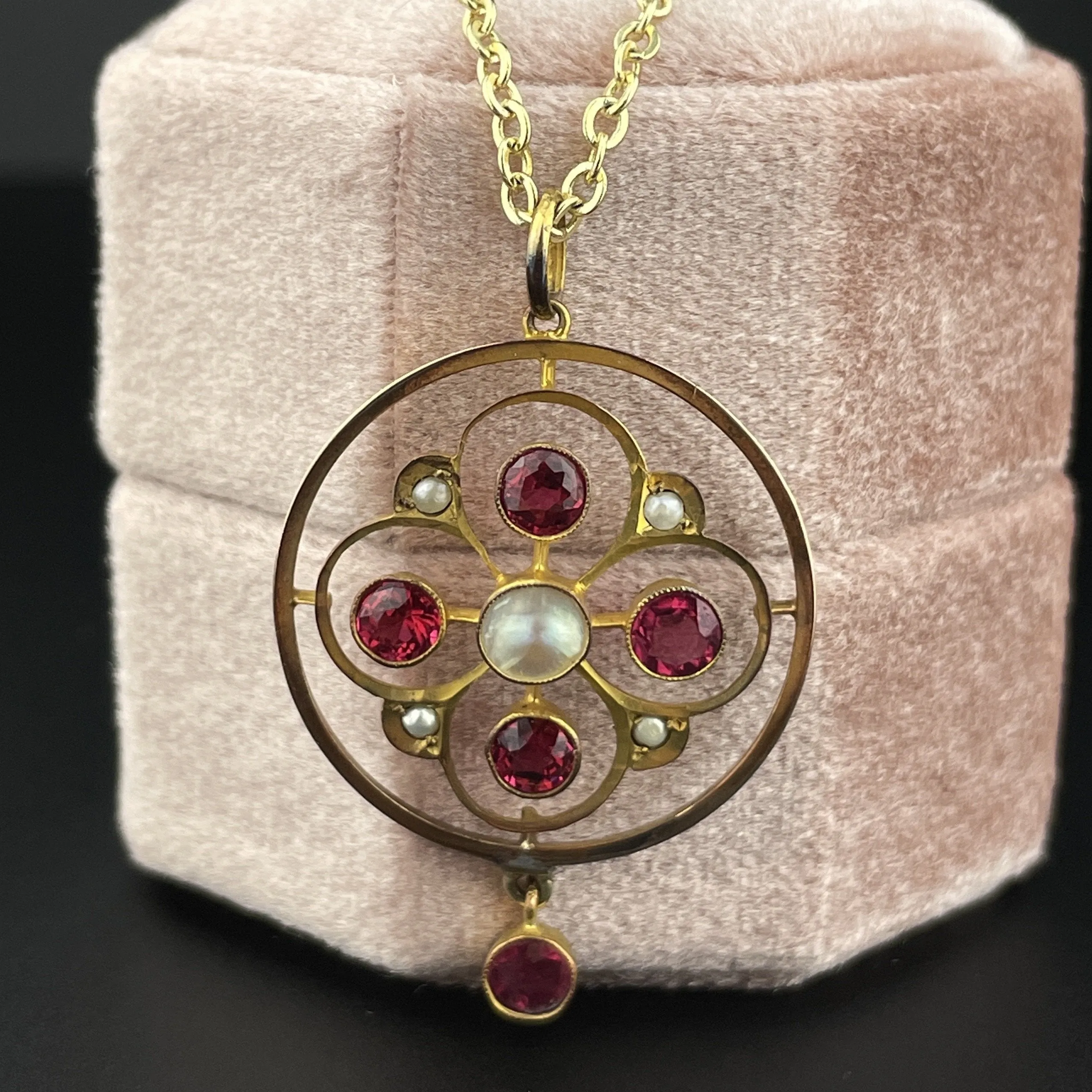 Antique Edwardian Gold Garnet Pearl Lavalier Pendant Necklace