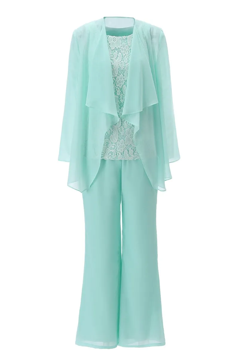 Aqua Three-Piece Chiffon Mother of the Bride Pant Suits