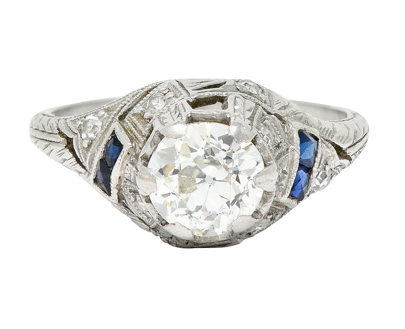 Art Deco 1.24 CTW Diamond Sapphire Platinum Foliate Engagement Ring