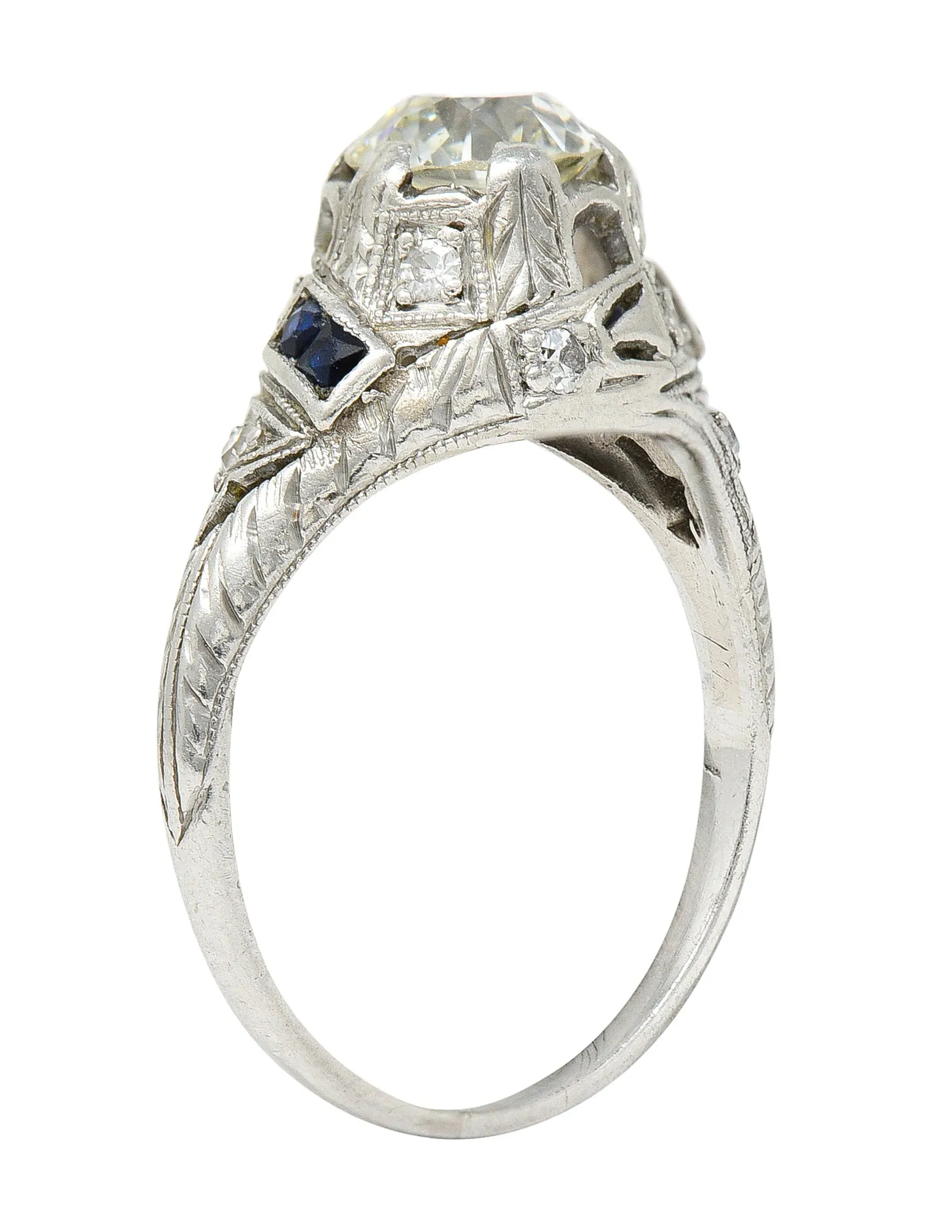 Art Deco 1.24 CTW Diamond Sapphire Platinum Foliate Engagement Ring