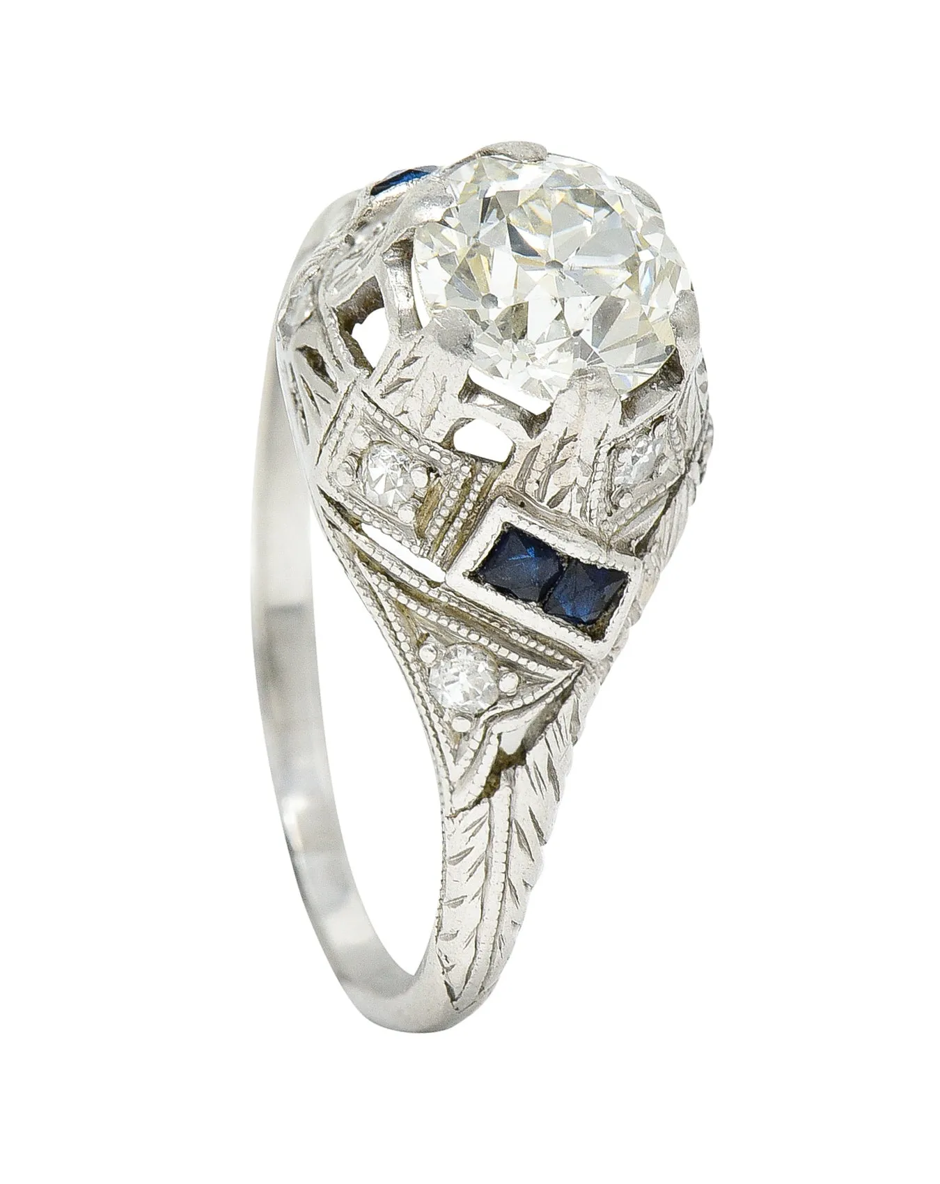 Art Deco 1.24 CTW Diamond Sapphire Platinum Foliate Engagement Ring