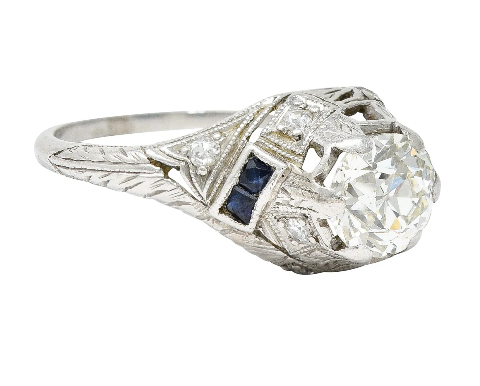 Art Deco 1.24 CTW Diamond Sapphire Platinum Foliate Engagement Ring