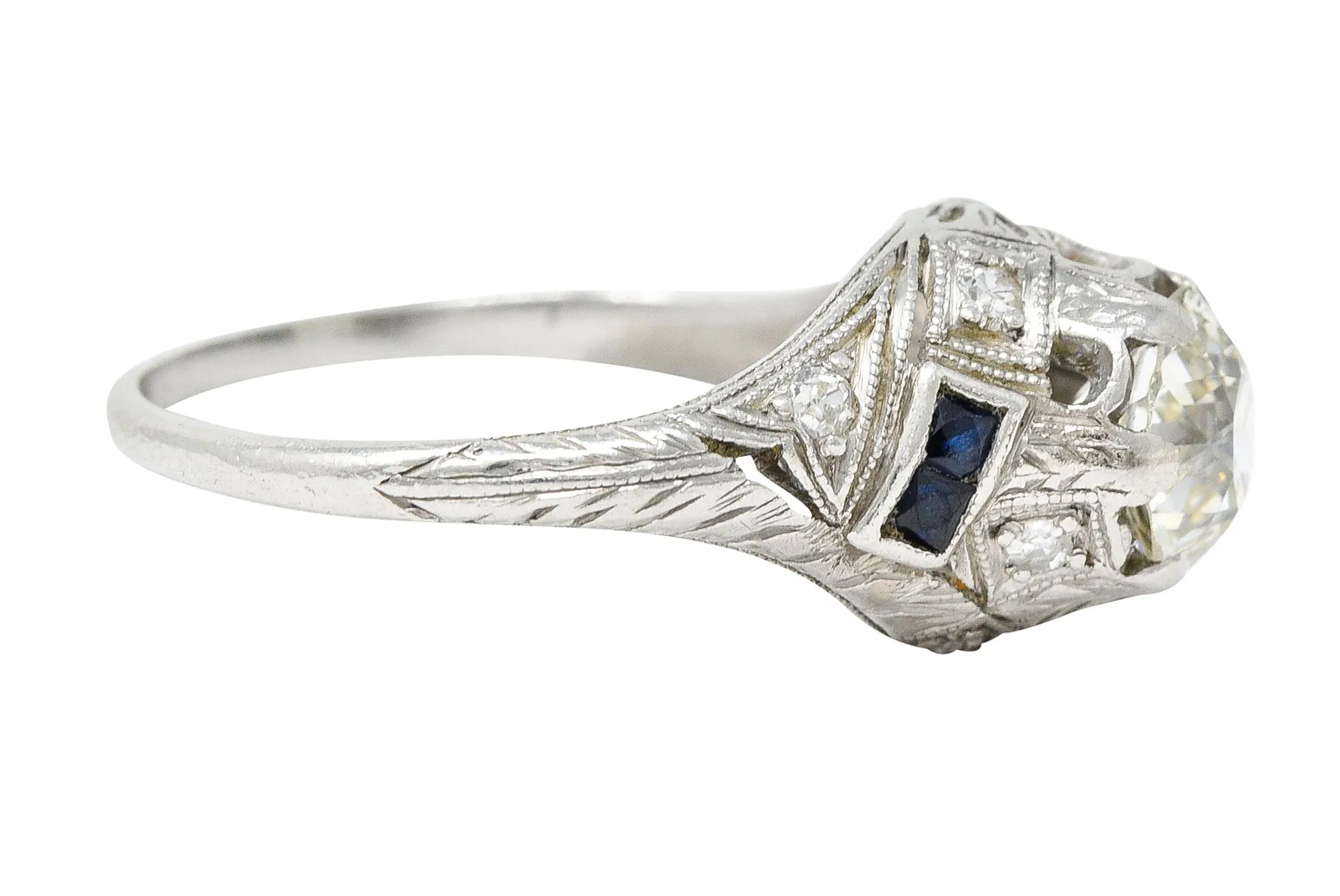 Art Deco 1.24 CTW Diamond Sapphire Platinum Foliate Engagement Ring