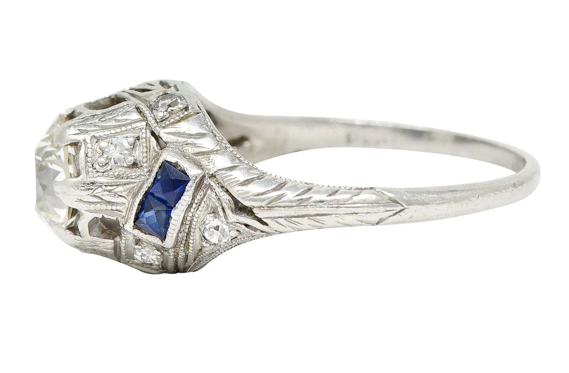 Art Deco 1.24 CTW Diamond Sapphire Platinum Foliate Engagement Ring