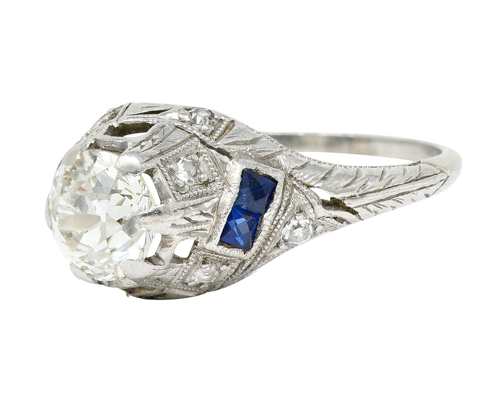 Art Deco 1.24 CTW Diamond Sapphire Platinum Foliate Engagement Ring