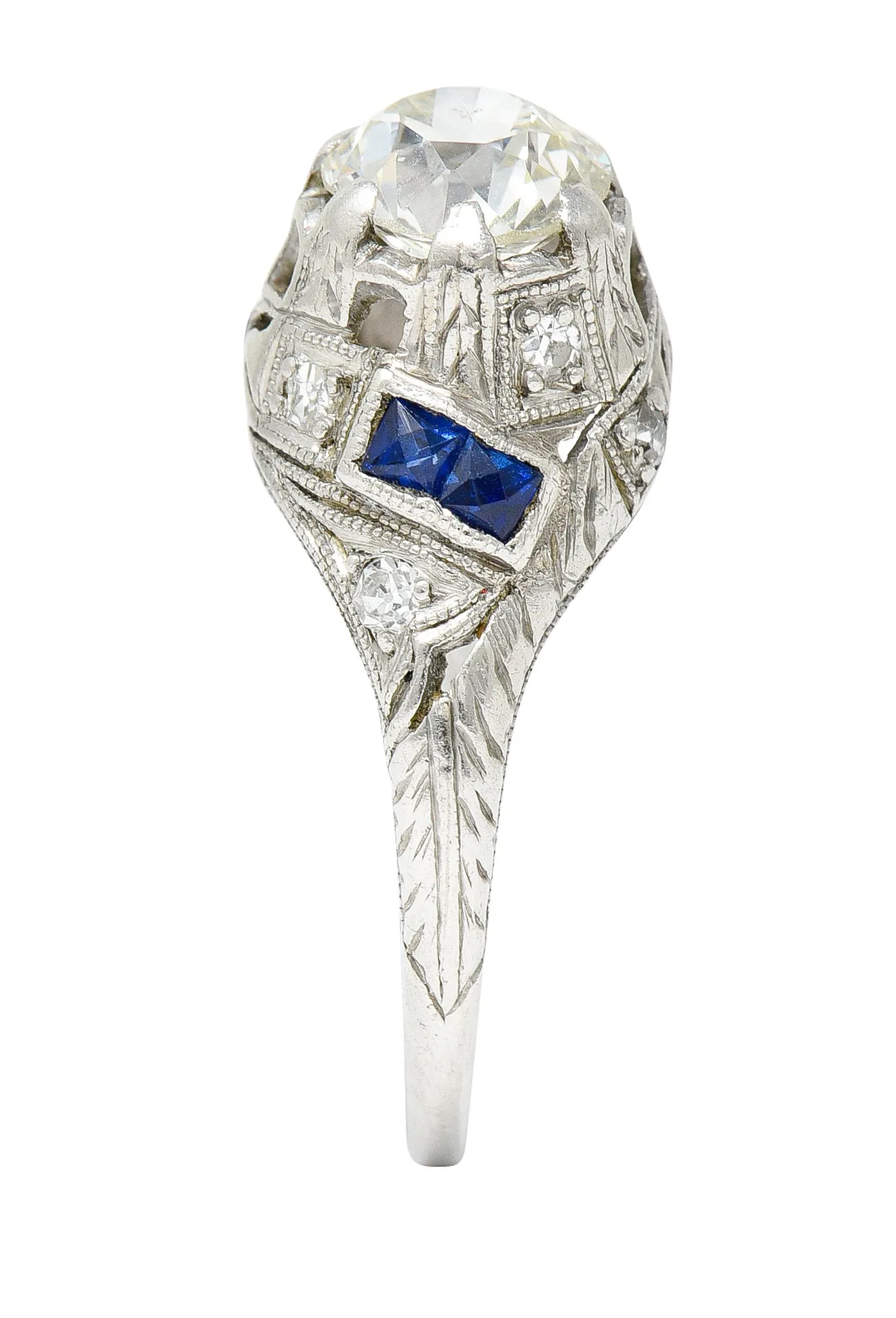 Art Deco 1.24 CTW Diamond Sapphire Platinum Foliate Engagement Ring