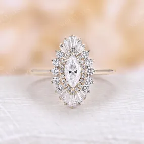 Art deco Marquise cut Moissanite Halo Engagement Ring Rose Gold