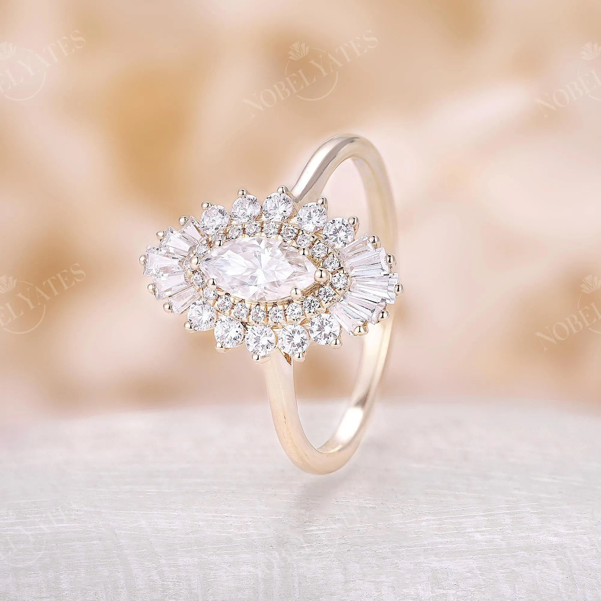 Art deco Marquise cut Moissanite Halo Engagement Ring Rose Gold