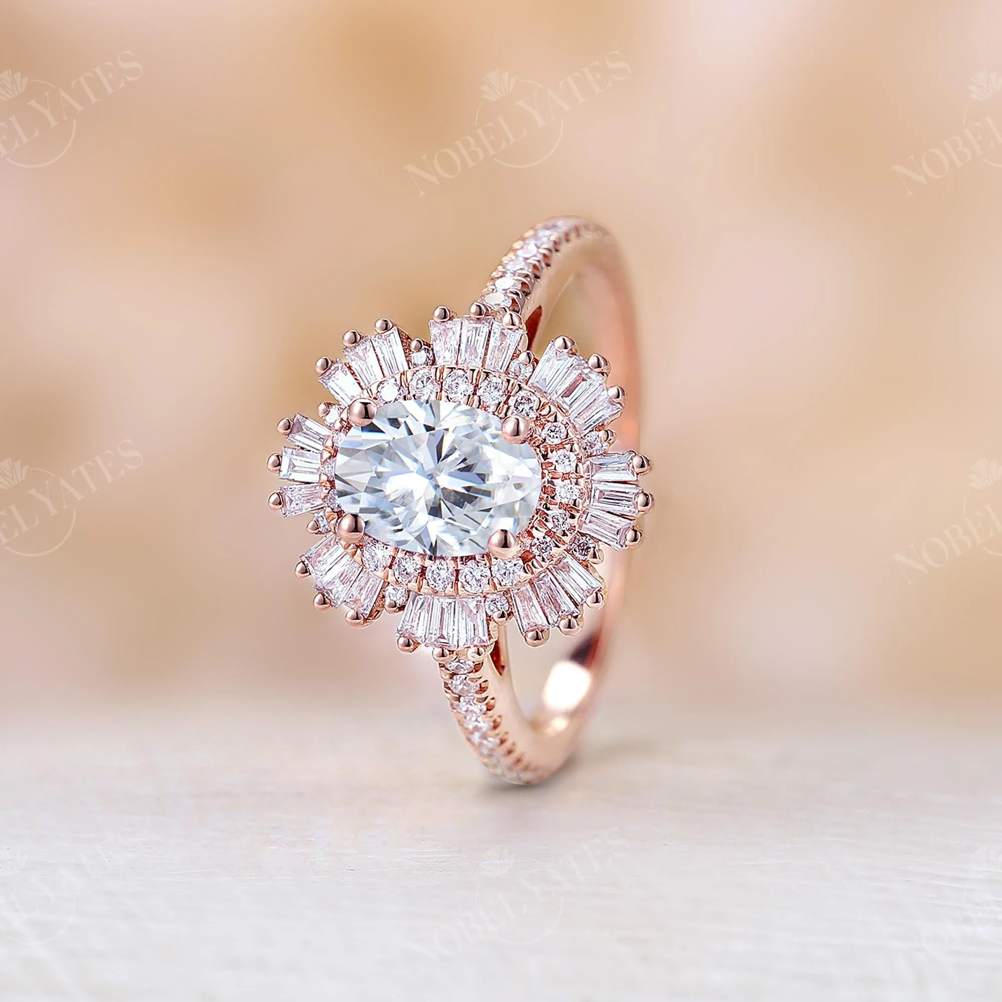 Art deco Oval Moissanite Pave Engagement Ring Rose Gold