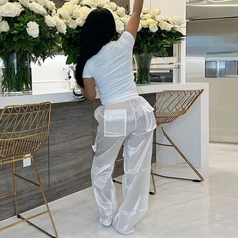 Ashore shop White See Through Chiffon Loose Pants Pockets Fashion Drawstring Trousers Casual Club Style Aesthetic Women Hot Clot