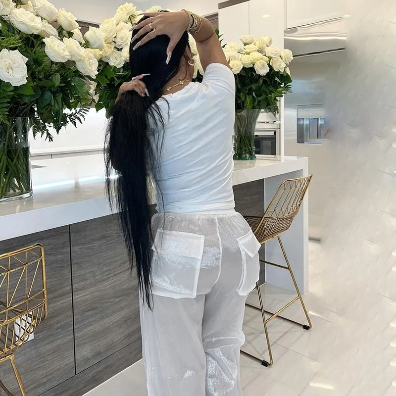 Ashore shop White See Through Chiffon Loose Pants Pockets Fashion Drawstring Trousers Casual Club Style Aesthetic Women Hot Clot