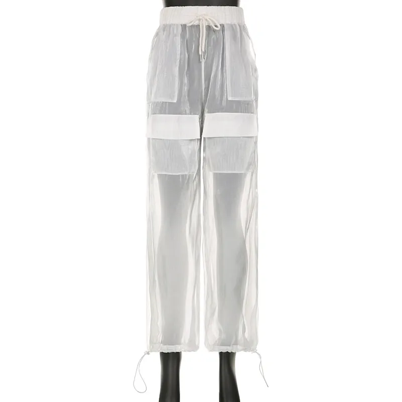 Ashore shop White See Through Chiffon Loose Pants Pockets Fashion Drawstring Trousers Casual Club Style Aesthetic Women Hot Clot