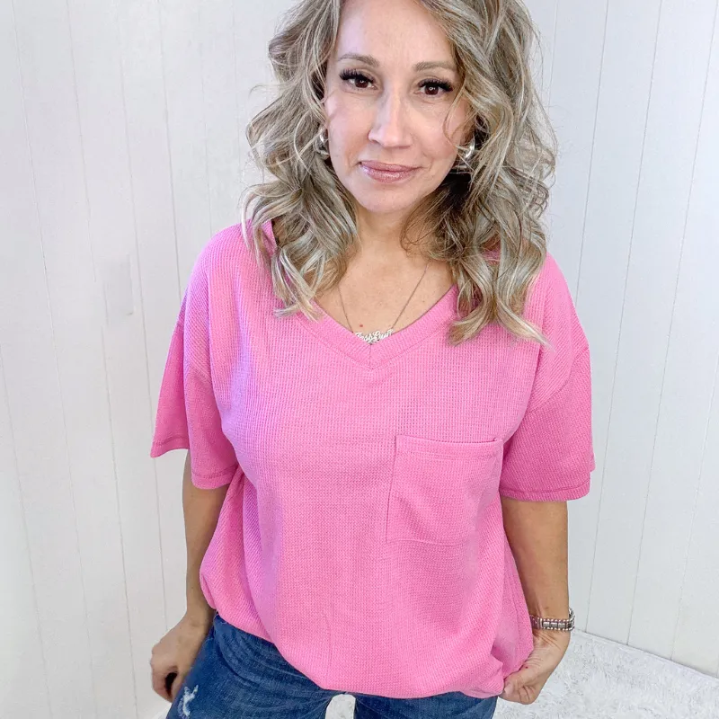 Back Together Pink Waffle Knit V-Neck Short Sleeve Top