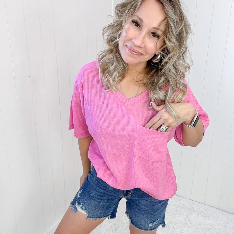 Back Together Pink Waffle Knit V-Neck Short Sleeve Top