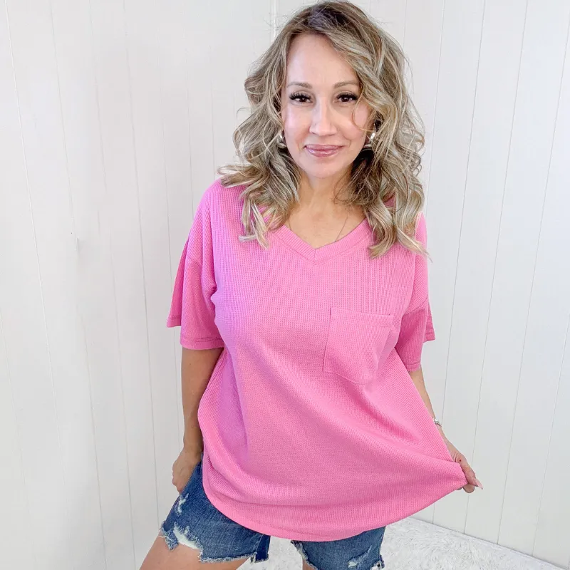 Back Together Pink Waffle Knit V-Neck Short Sleeve Top